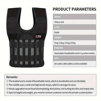 1pc 20kg/44.09lbs Adjustable Weighted Vest, Without/With Anke Strap, Wrist Strap, Suitable For Fitness, Strength Training, Workouts, Running