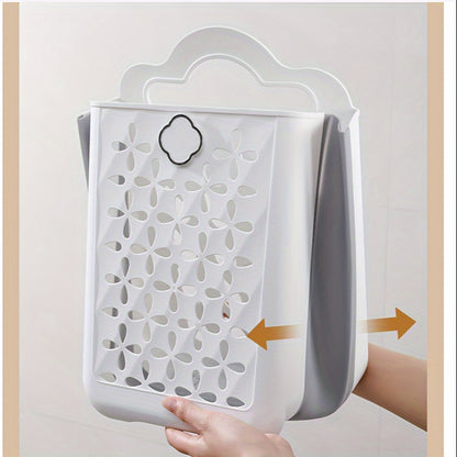 1pc Foldable Laundry Basket, Contemporary White & Grey, Plastic Hollow-Out Wall-Mounted Storage Bin, No-Drilling Required, For Clothes, Toys, Snacks, Fruits, Balcony