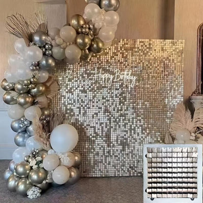 12-Pieces Matte Champagne Golden Square Transparent Shimmer Wall Panel - Glitter Sequin Background For Wedding, Birthday, And New Year Party Decoration