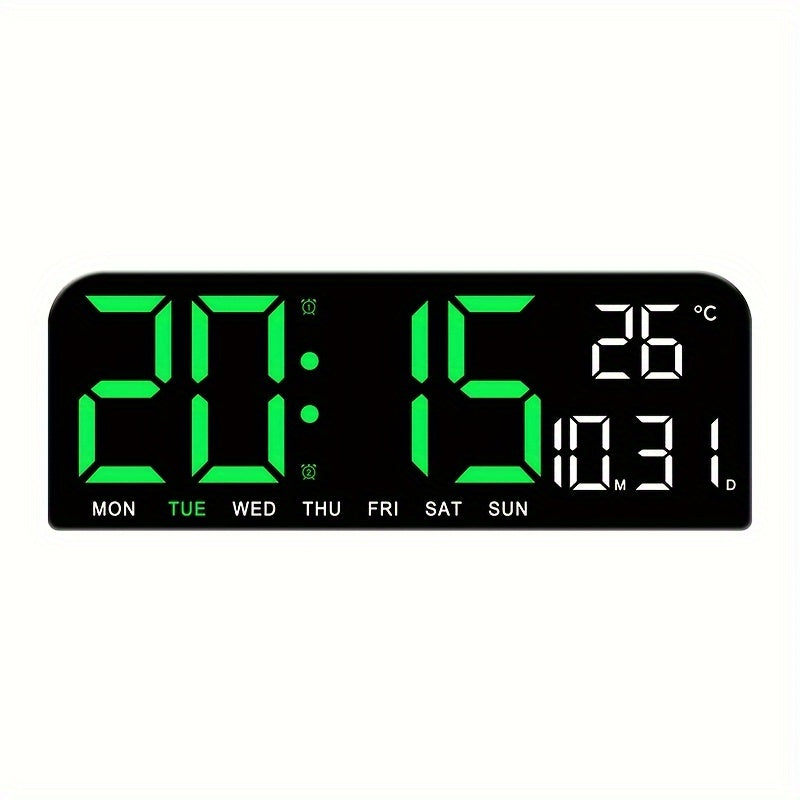 1pc 9 Inch Large Digital Wall Clock with Auto Dimmable 4 Levels Manual Brightness Adjustment, Temperature, Date, Week, Timing Countdown, 2 Alarm, 12/24H LED Display for Home Room Living Room Office Decor (No Battery)