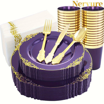 175PCS Purple/Blue/Clear Golden Plastic Plates For 25 Guests Include 25Dinner & 25Dessert Plates, 25Cups, 25Forks, 25Knives, 25Spoons, 25Napkins For Wedding&Party glass rose bottle christmas 2024 ornament glass cleaner