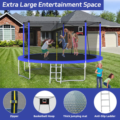 14 FT Outdoor Trampoline Mersco for 3-5 Adults and Kids with Basketball Hoop, Ladder, Enclosure Net, Storage Bag, Blue