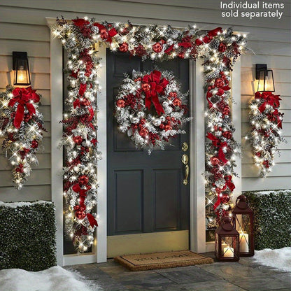 1pc 23.62in Prelit Artificial Christmas Teardrop Swags, Christmas Swag Wreaths for Stair Railing Wall Window Xmas Decor with Pine Needles and Red Berri