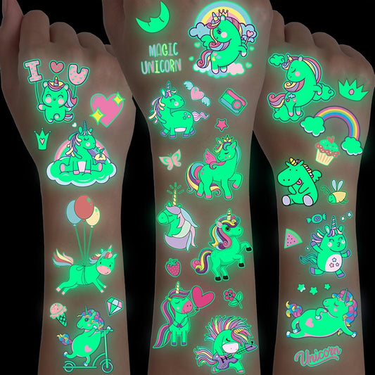 15 Sheets of Vibrant Unicorn Glow-in-the-Dark Temporary Tattoos - Waterproof, Luminous, and Reusable Fun Stickers for Boys and Girls - Perfect Birthday Gifts, Party Decorations, and Nighttime Fun