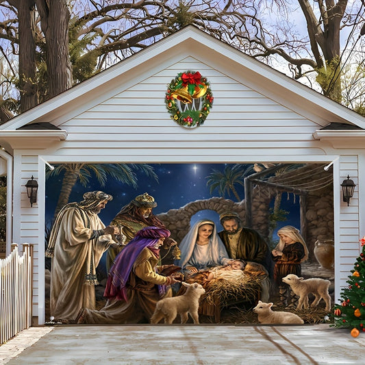 1pc Jesus' Birth Scene Christmas Garage Door Cover, Religious Outdoor Winter Yard Door Decoration