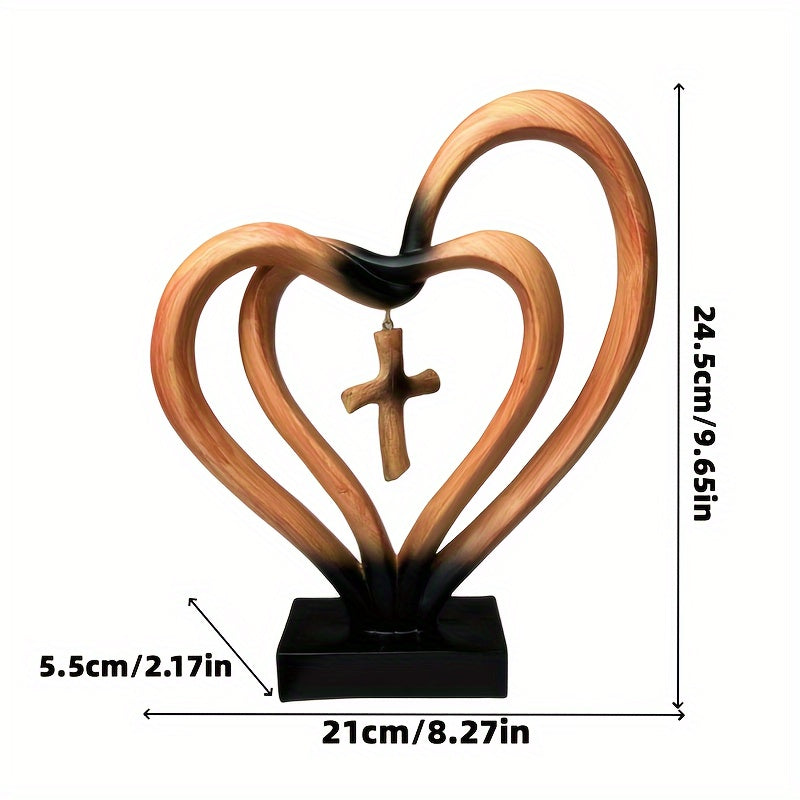 1pc Entwined Hearts Cross Sculpture, Resin Love And Faith Decor, Modern Minimalist Religious Tabletop Accent For Home Or Office Desk Decoration