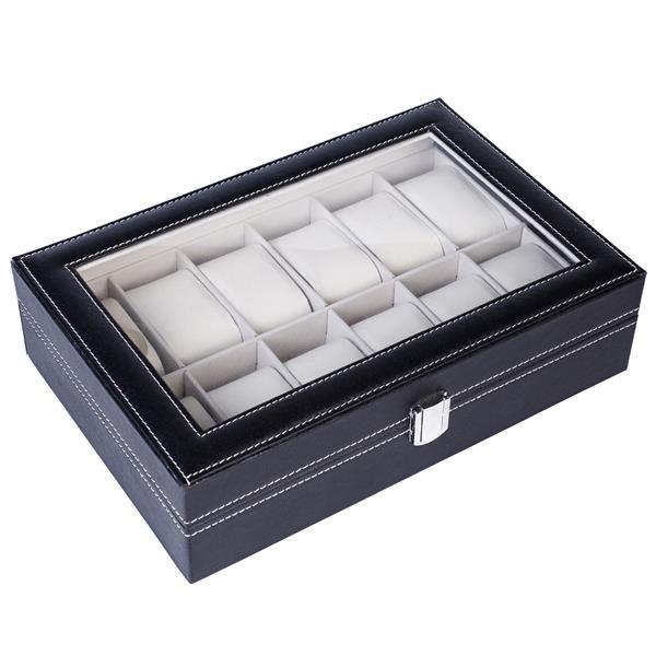 12 Compartments Top-level Opening Style Leather Watch Collection Box Black