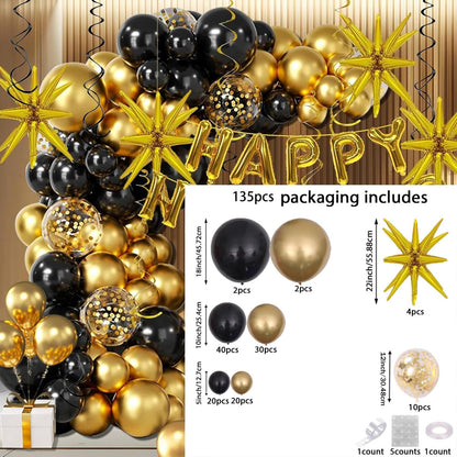 135pcs 2025 New Year Balloon Set, Black & Golden, Aluminum Foil & Latex Balloons, No Power Needed, for Anniversary, Birthday, Graduation, Dance Party Decor