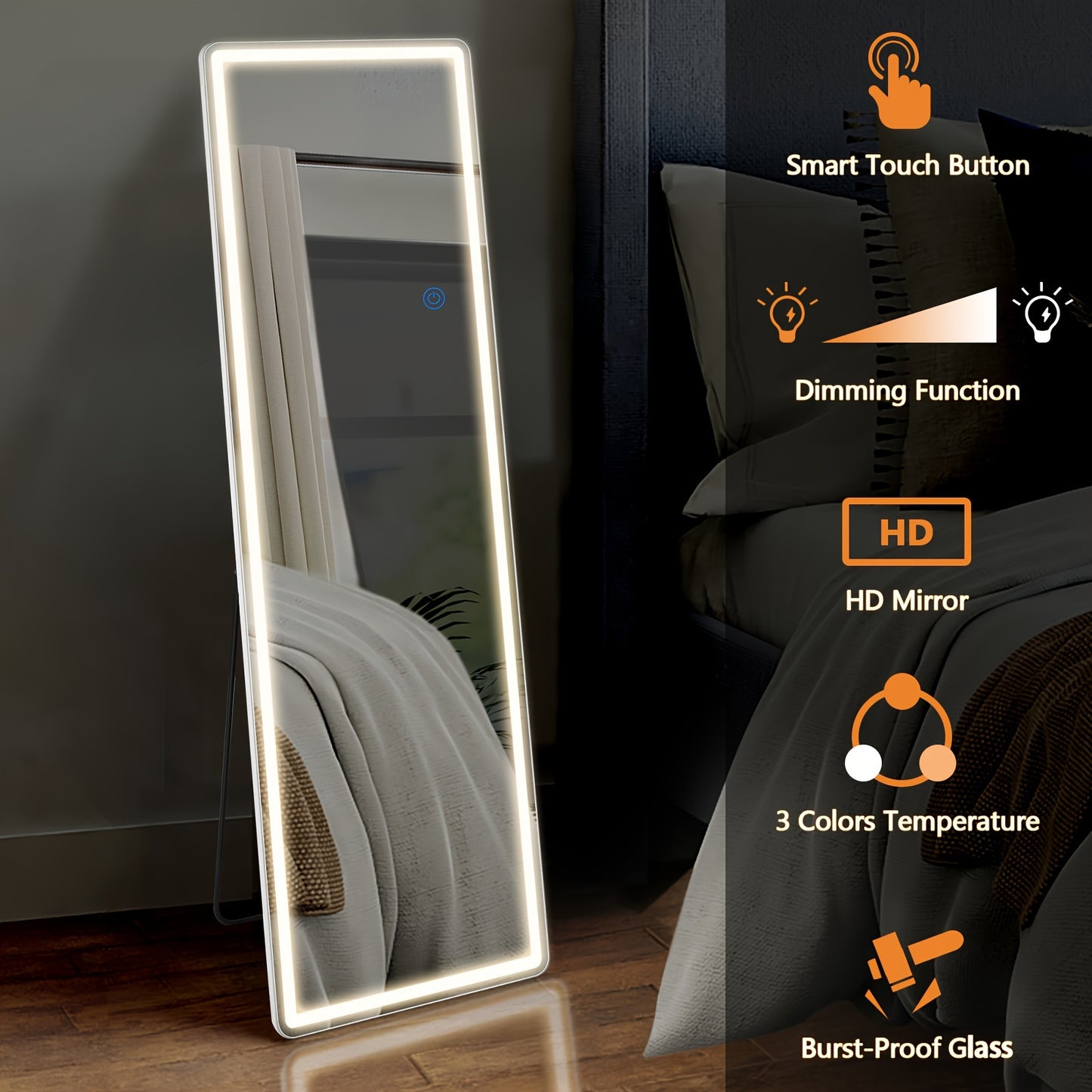 1pc Full Length Mirror With Lights, LED Full Body Mirror, Free Standing Light Mirror, Wall Mounted Hanging Mirror For Bedroom, Living Room, Home Decor