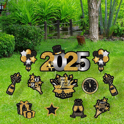 12-Pack 2025 Happy New Year Yard Signs, Golden and Black Plastic Outdoor Decorations with Stakes, No-Electricity Festive Lawn Decor for New Year'S Celebration