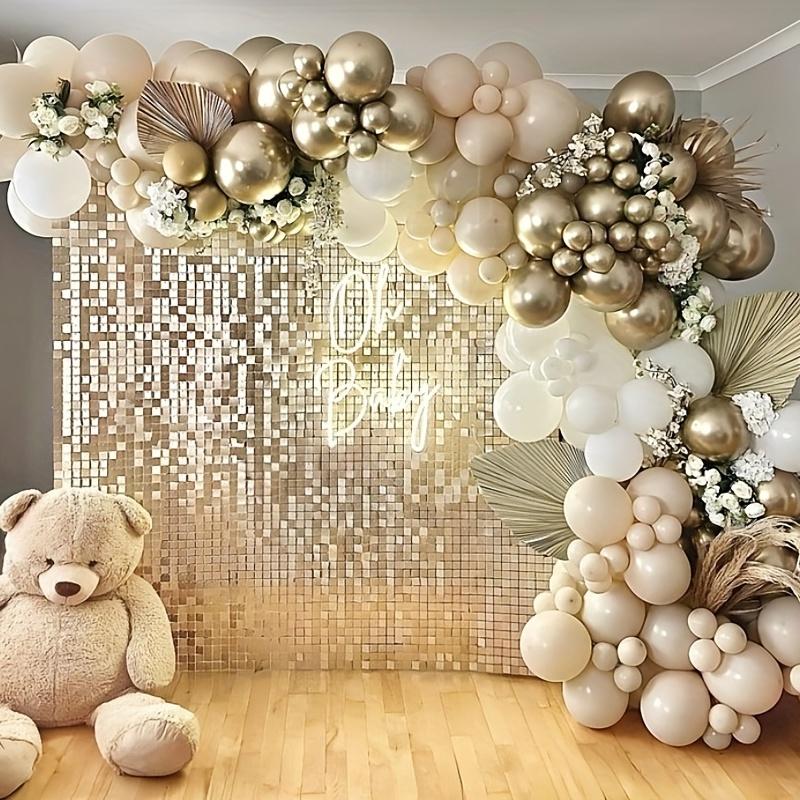 12-Pieces Matte Champagne Golden Square Transparent Shimmer Wall Panel - Glitter Sequin Background For Wedding, Birthday, And New Year Party Decoration