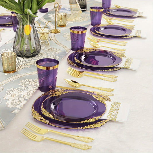 175PCS Purple/Blue/Clear Golden Plastic Plates For 25 Guests Include 25Dinner & 25Dessert Plates, 25Cups, 25Forks, 25Knives, 25Spoons, 25Napkins For Wedding&Party glass rose bottle christmas 2024 ornament glass cleaner