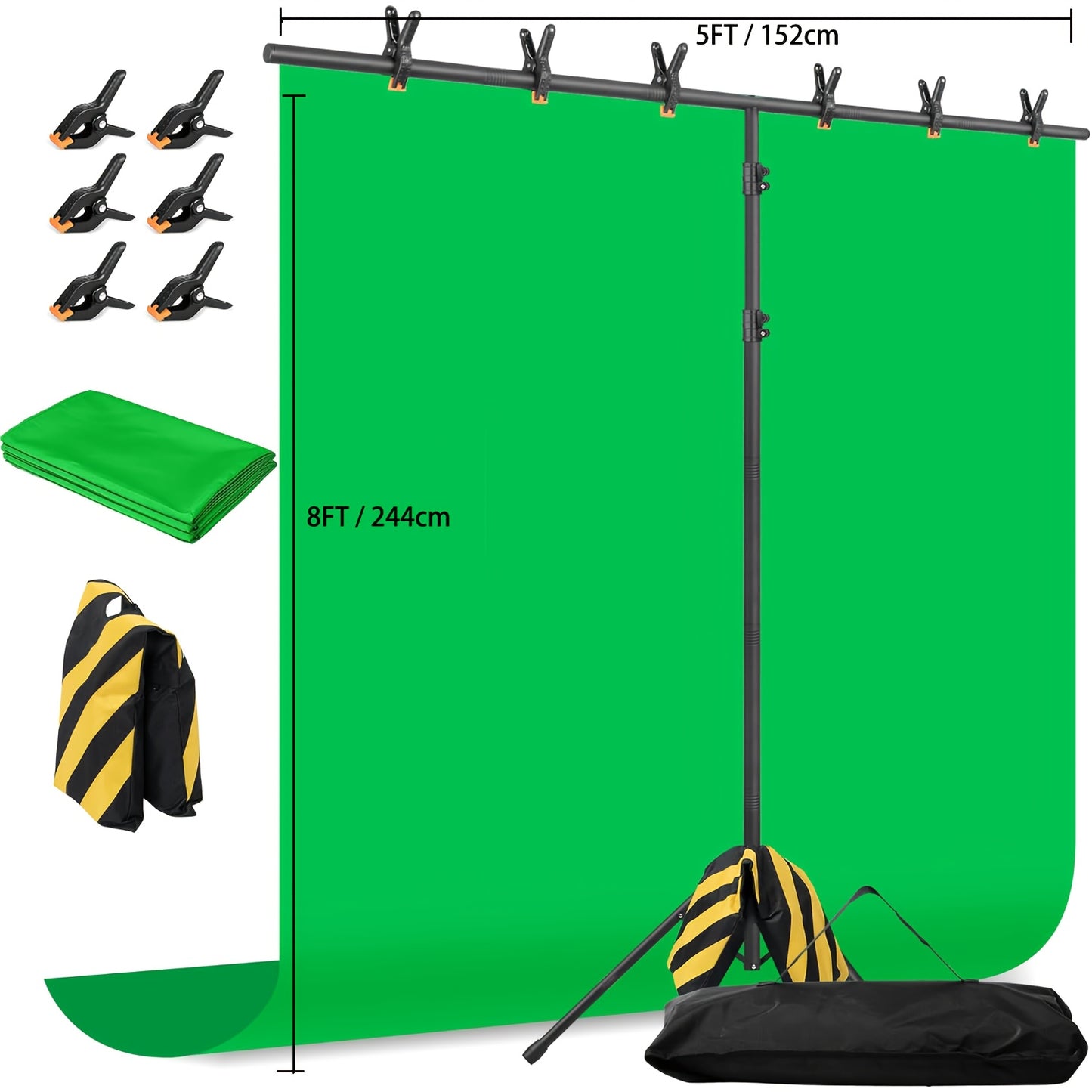 1pc - Green Screen Background Kit with Stand, 8x5.2ft Portable Green Screen Background Stand, T-Shape Background Stand Kit, for Streaming Video and Photography, Comes with 6 Spring Clips, Sandbags, Party, Photography and Video Studio Handbag