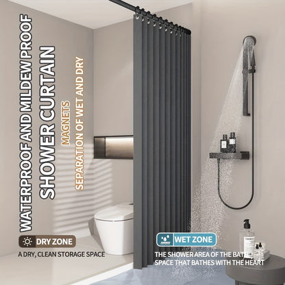 1PC Foldable Magnetic Gray Privacy Bathroom Divider, Waterproof High-Temperature Folded Plaid, Metal Eyelets with Black Hooks, Ripplefold Polyester Screen, All-season Machine Washable, Water-resistant Plain Weave Fabric with Hook Accessory