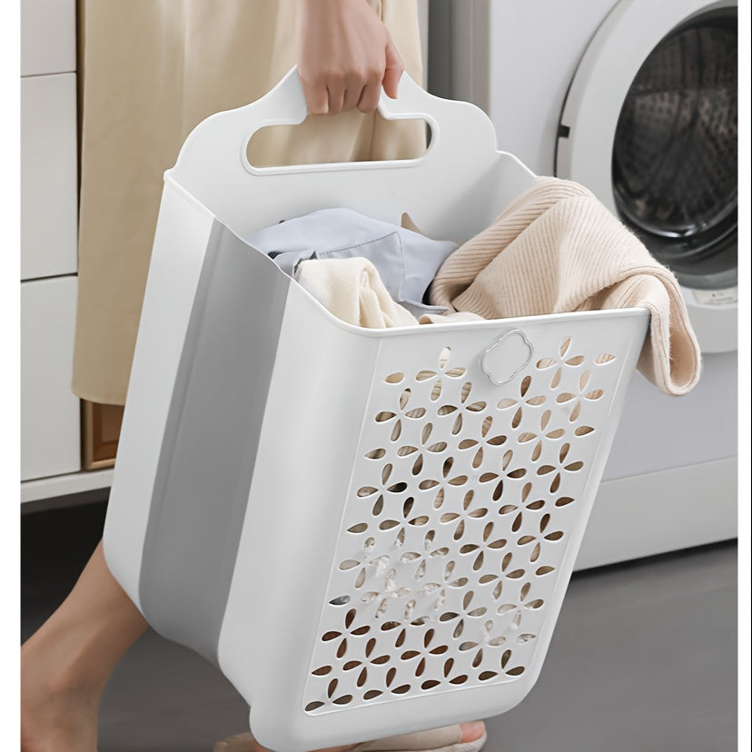 1pc Foldable Laundry Basket, Contemporary White & Grey, Plastic Hollow-Out Wall-Mounted Storage Bin, No-Drilling Required, For Clothes, Toys, Snacks, Fruits, Balcony