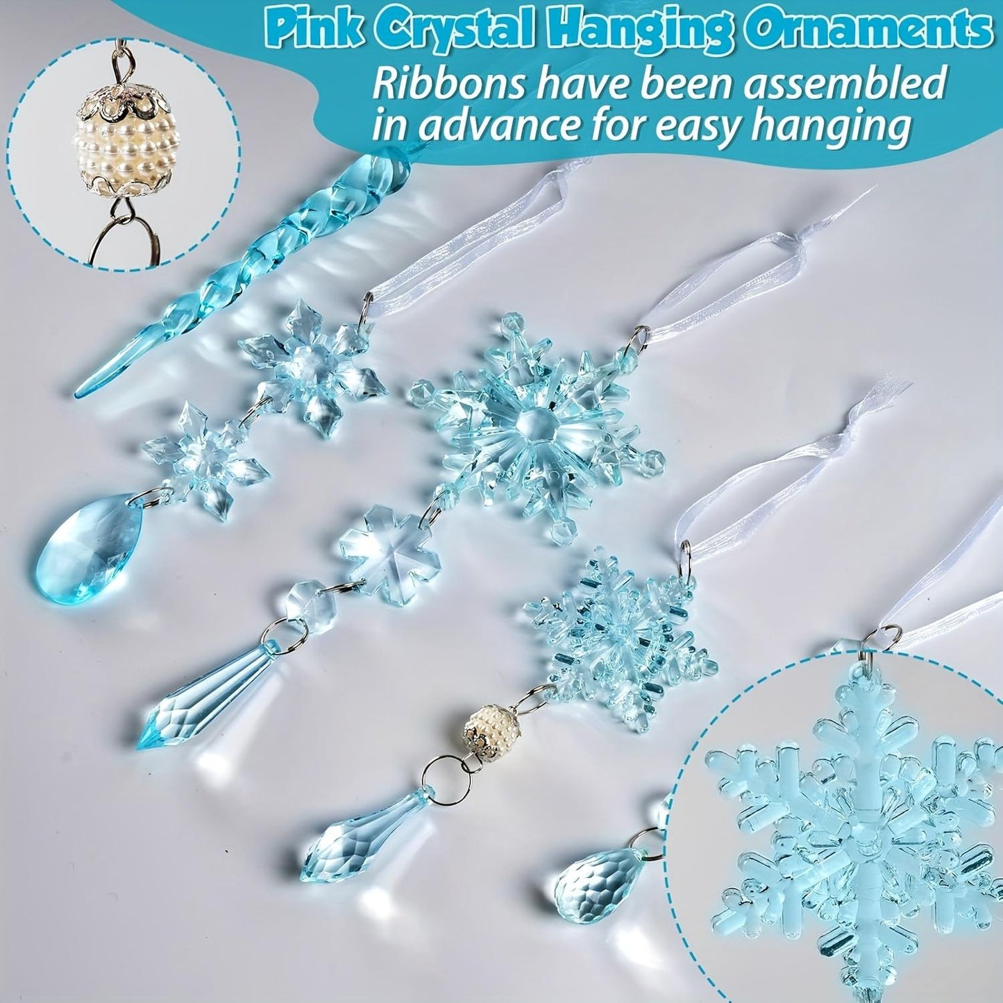 18-Piece Acrylic Snowflake & Ice Column Set with Crystal Pendants, Shiny Light Blue Festive Ornaments, No Power Needed, for Christmas, New Year, Seasonal Celebrations, Hanging Tree Decorations mantle  garland