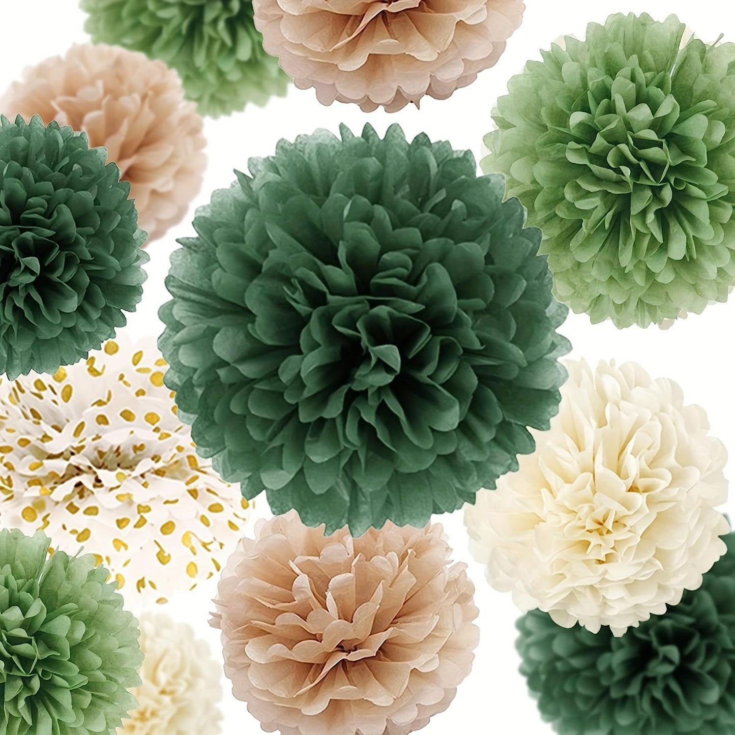 15pcs, Green Tissue Paper Pom Poms Wedding Party Decorations Kit Dots Paper Garland String Hanging Backdrop For Engagement, Rustic Wedding, Neutral Baby Shower