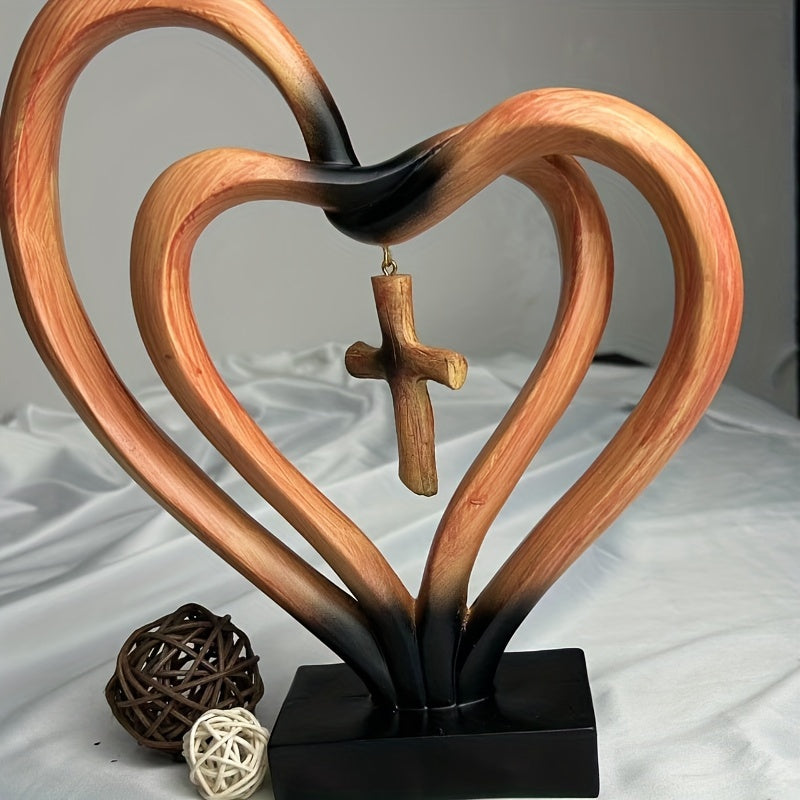 1pc Entwined Hearts Cross Sculpture, Resin Love And Faith Decor, Modern Minimalist Religious Tabletop Accent For Home Or Office Desk Decoration