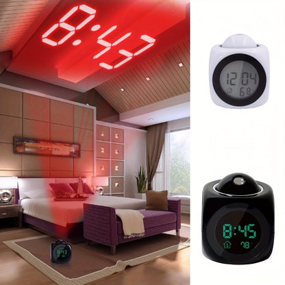 1pc Innovative LCD Projection Desk Clock - Talking Voice Prompt, Digital Alarm, Thermometer, Snooze Function, LED Display, Time Display, Compact Design - Battery Not Included