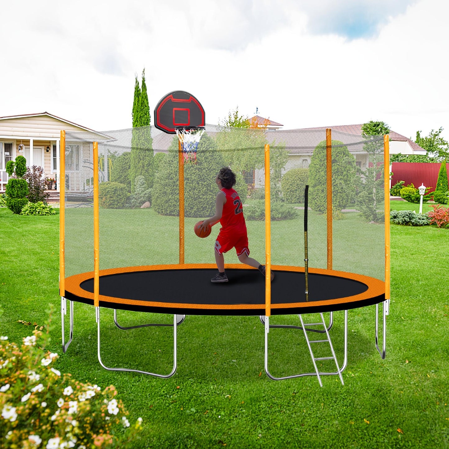 14ft Outdoor Trampoline for Kids and Adults with Safety Enclosure Net and basketball hoop, Orange