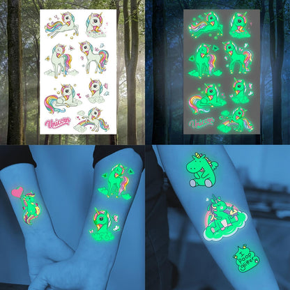 15 Sheets of Vibrant Unicorn Glow-in-the-Dark Temporary Tattoos - Waterproof, Luminous, and Reusable Fun Stickers for Boys and Girls - Perfect Birthday Gifts, Party Decorations, and Nighttime Fun