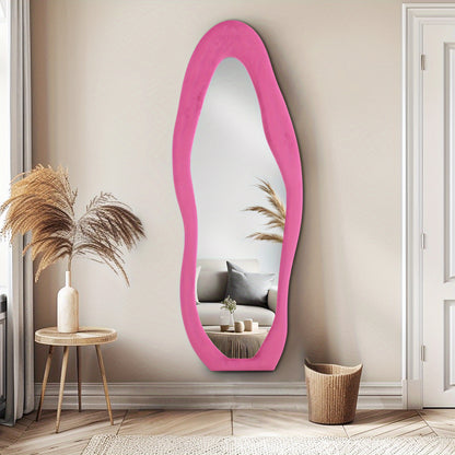 1pc Black Flannel Wrapped Wooden Frame Full Body Mirror, Irregular Full Length Wall Mounted Floor Mirror with Stand for Bedroom Entrance