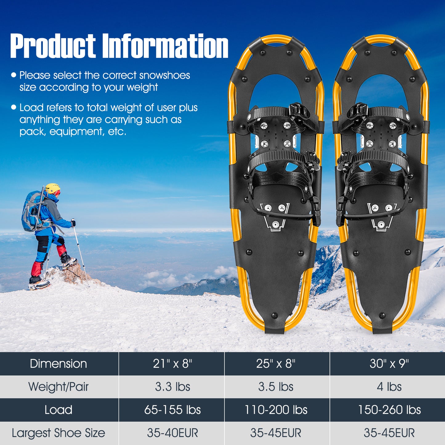 "LIFEZEAL 21""/25""/30"" 4-in-1 Lightweight Terrain Aluminum Snowshoes W/Ski Poles & Carry Bag - For Winter Hiking & Snowshoeing - Suitable for Adults - Ideal Gift for Outdoor Enthusiasts"