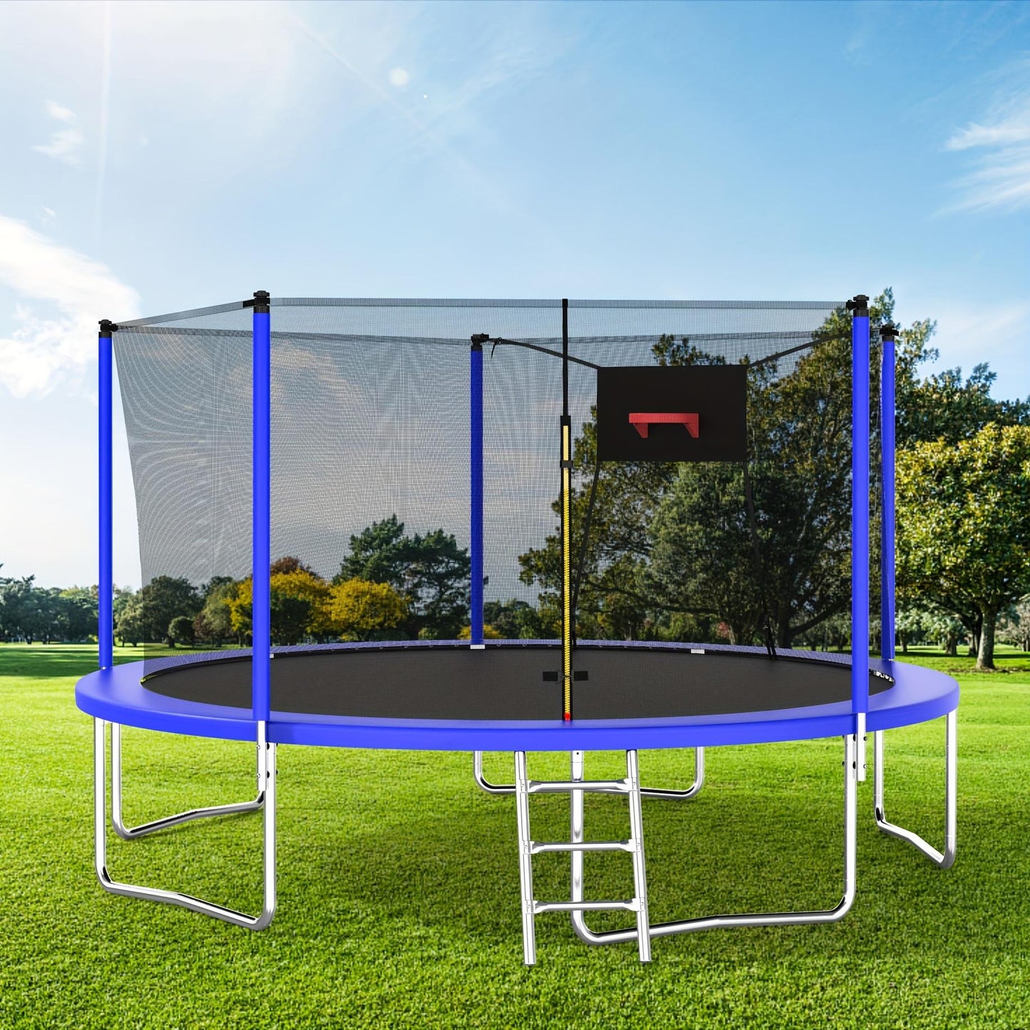 14 FT Outdoor Trampoline Mersco for 3-5 Adults and Kids with Basketball Hoop, Ladder, Enclosure Net, Storage Bag, Blue