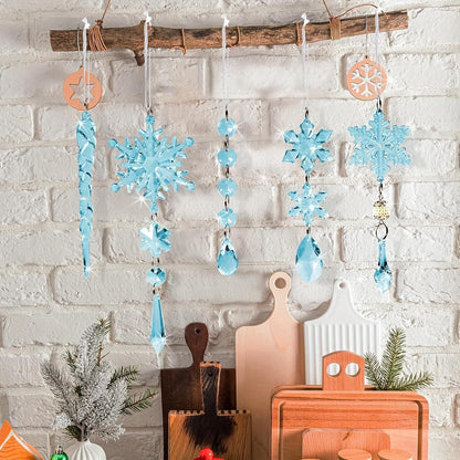 18-Piece Acrylic Snowflake & Ice Column Set with Crystal Pendants, Shiny Light Blue Festive Ornaments, No Power Needed, for Christmas, New Year, Seasonal Celebrations, Hanging Tree Decorations mantle  garland