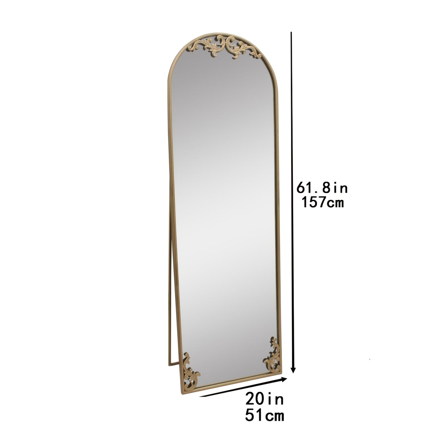 1pc Elegant Full-Length Floor Mirror with Glass and Golden Metal Frame, Arched Design, No Power Needed, for Bedroom, Living Room, Office Decor