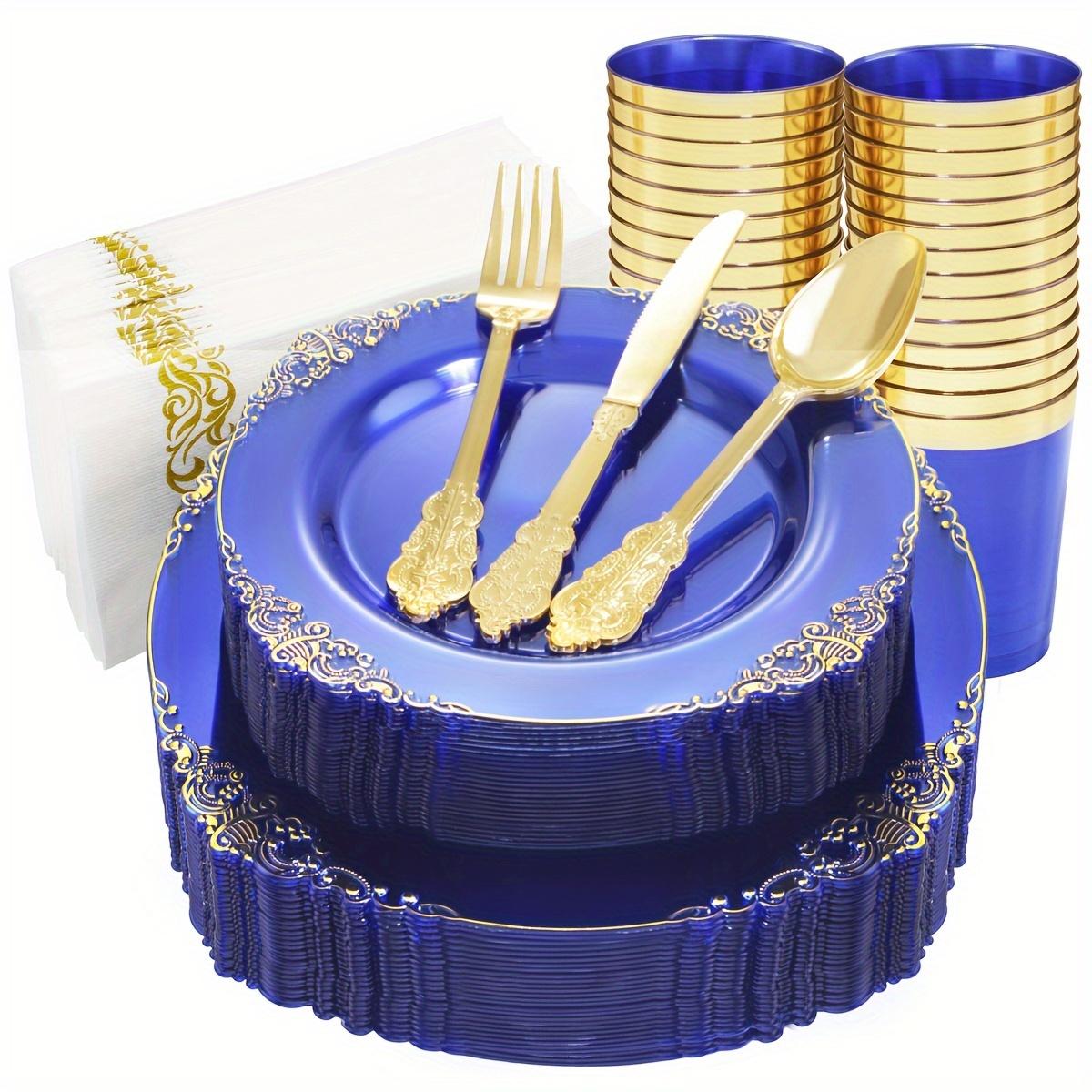 175PCS Purple/Blue/Clear Golden Plastic Plates For 25 Guests Include 25Dinner & 25Dessert Plates, 25Cups, 25Forks, 25Knives, 25Spoons, 25Napkins For Wedding&Party glass rose bottle christmas 2024 ornament glass cleaner