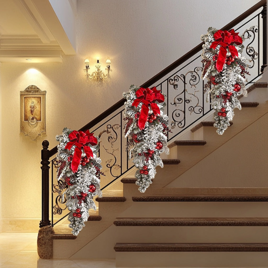 1pc 23.62in Prelit Artificial Christmas Teardrop Swags, Christmas Swag Wreaths for Stair Railing Wall Window Xmas Decor with Pine Needles and Red Berri