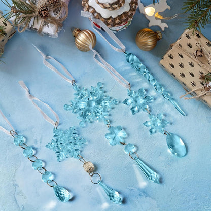 18-Piece Acrylic Snowflake & Ice Column Set with Crystal Pendants, Shiny Light Blue Festive Ornaments, No Power Needed, for Christmas, New Year, Seasonal Celebrations, Hanging Tree Decorations mantle  garland