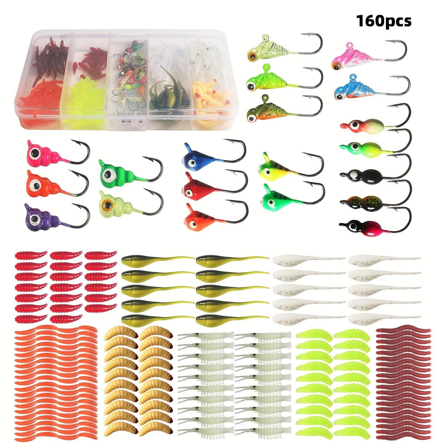 160/180/190pcs Fishing Lure Set, Ice Fishing Hook, Lead Head Hook, Sinking Lure, Soft Bait, Bionic Earth Worm, Fishing Accessories wacky worm