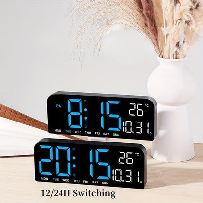 1pc 9 Inch Large Digital Wall Clock with Auto Dimmable 4 Levels Manual Brightness Adjustment, Temperature, Date, Week, Timing Countdown, 2 Alarm, 12/24H LED Display for Home Room Living Room Office Decor (No Battery)