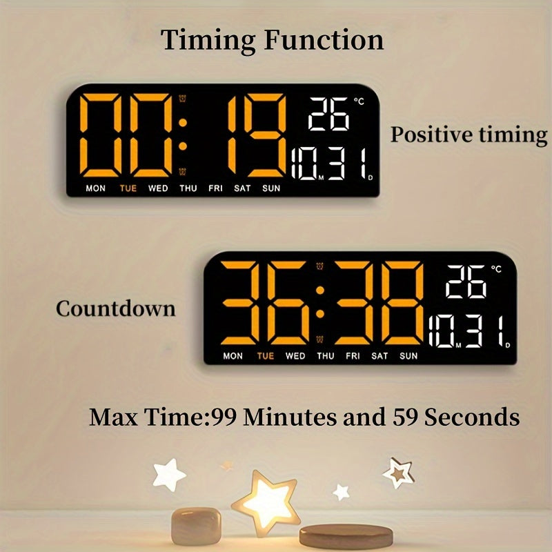 1pc 9 Inch Large Digital Wall Clock with Auto Dimmable 4 Levels Manual Brightness Adjustment, Temperature, Date, Week, Timing Countdown, 2 Alarm, 12/24H LED Display for Home Room Living Room Office Decor (No Battery)