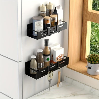 1/2pcs Magnetic Storage Organizer - Space-Saving Seasoning Rack with Hooks, Wall-Mounted Shelf, and Punching-Free Holder - Ideal for Kitchen Refrigerator, Microwave, and Countertop Organization