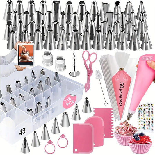 116pcs Cake Decoration Baking Tool Set, Including 55 Types of Piping Tips, 50 Piping Bags, 3 Types of Cake Scrapers, etc., with Storage Box. Creative production of cream cakes, biscuits, cookies, bread, etc., which is helpful for home kitchen, party, and