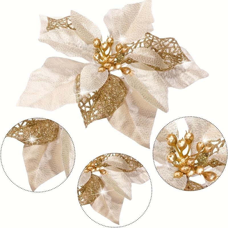 12pcs Golden Glitter Poinsettia Flowers - Faux Christmas Decor for Tree, Wedding & New Year Ornaments