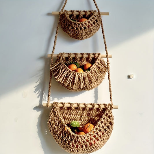 1pc 3-tire Woven Storage Bag, Bohemian Style Wall-Mounted Fruit And Vegetable Basket with Detachable Hemp Rope And 6 Hooks - Stylish Kitchen Storage Bag for Organizing Produce, Home Organization, Kitchen Accessories, Kitchen Decor, Home Decor