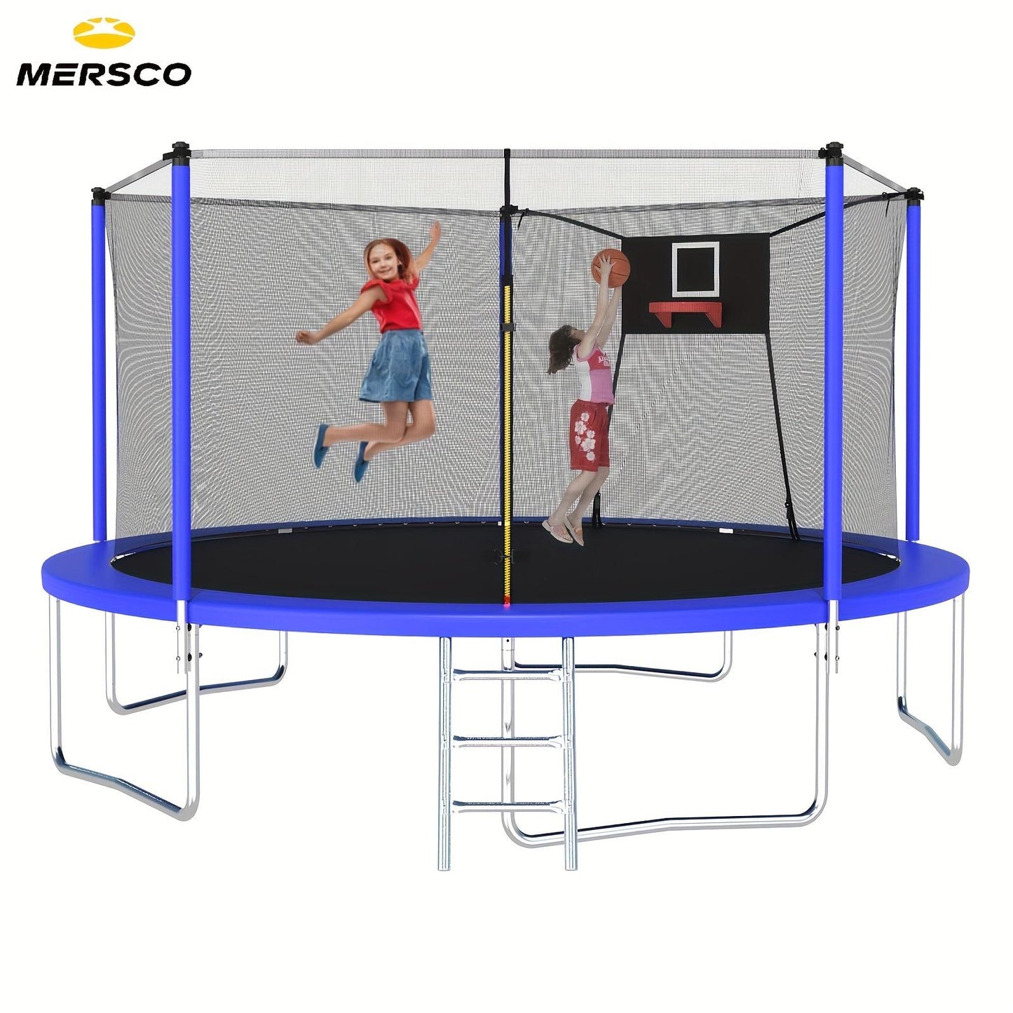 14 FT Outdoor Trampoline Mersco for 3-5 Adults and Kids with Basketball Hoop, Ladder, Enclosure Net, Storage Bag, Blue