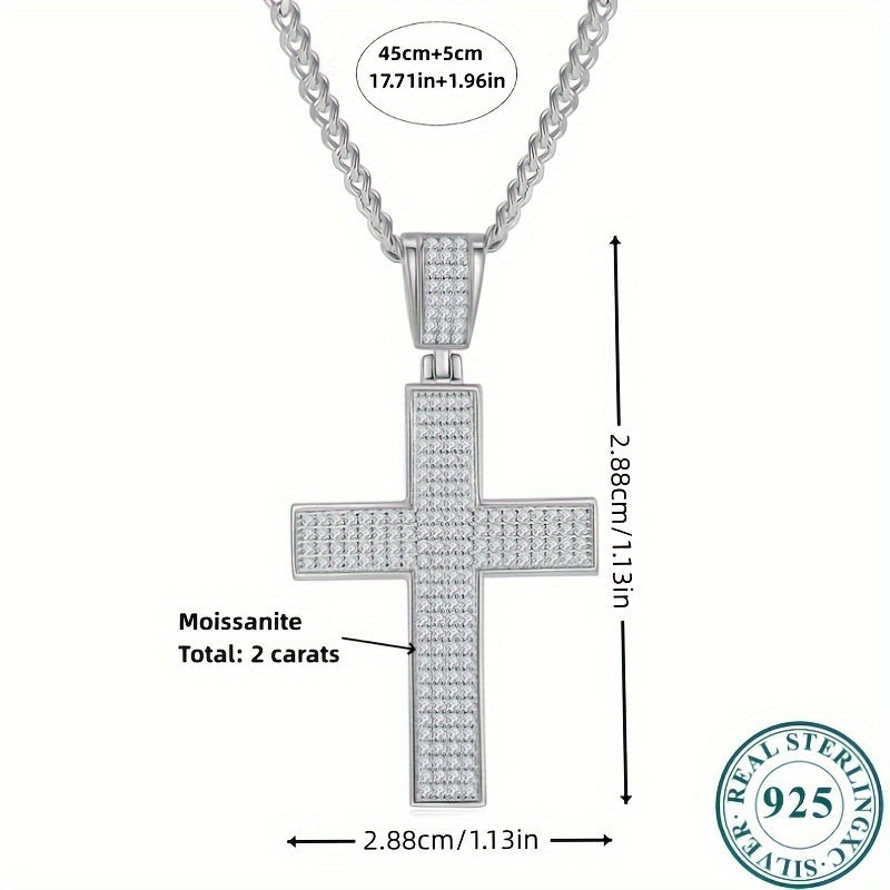 1pc Elegant 925 Sterling Silvery Cross Pendant with 2-Carat Moissanite, Unisex Fashion Jewelry for Engagement, Wedding Anniversary, Gift for Lovers, Friends, Family