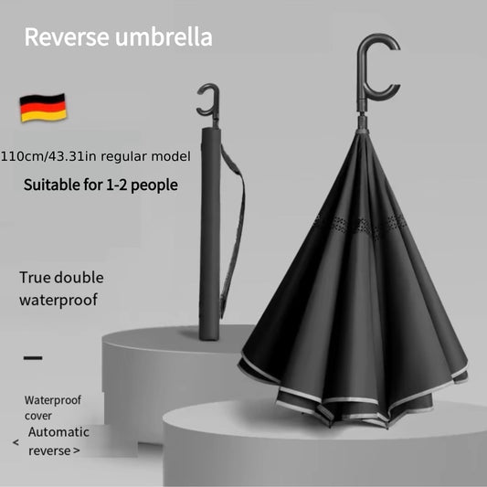 1pc Extra Large Double Layer Reverse Umbrella - Automatic/Manual Straight Handle, Reflective Strip Design for Enhanced Night Visibility, Convenient and Innovative Upgrade with Windproof and Water-Repellent Canopy