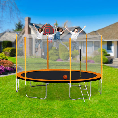 14ft Outdoor Trampoline for Kids and Adults with Safety Enclosure Net and basketball hoop, Orange