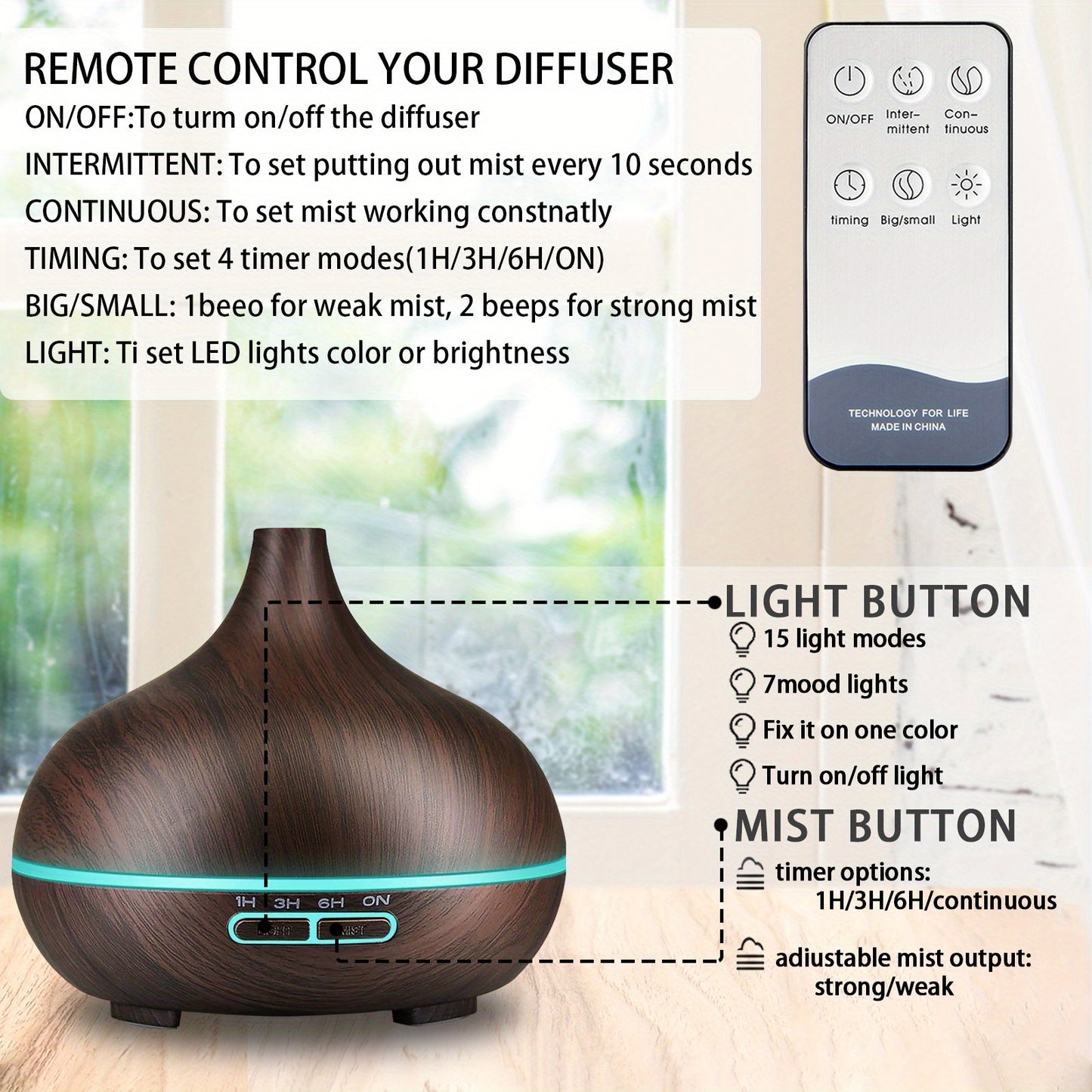 1pc 18.6oz Essential Oil Diffuser, Remote Control Diffusers For Essential Oils, Electric Ultrasonic Air Humidifier, Aromatherapy Diffuser With Waterless Auto-Off