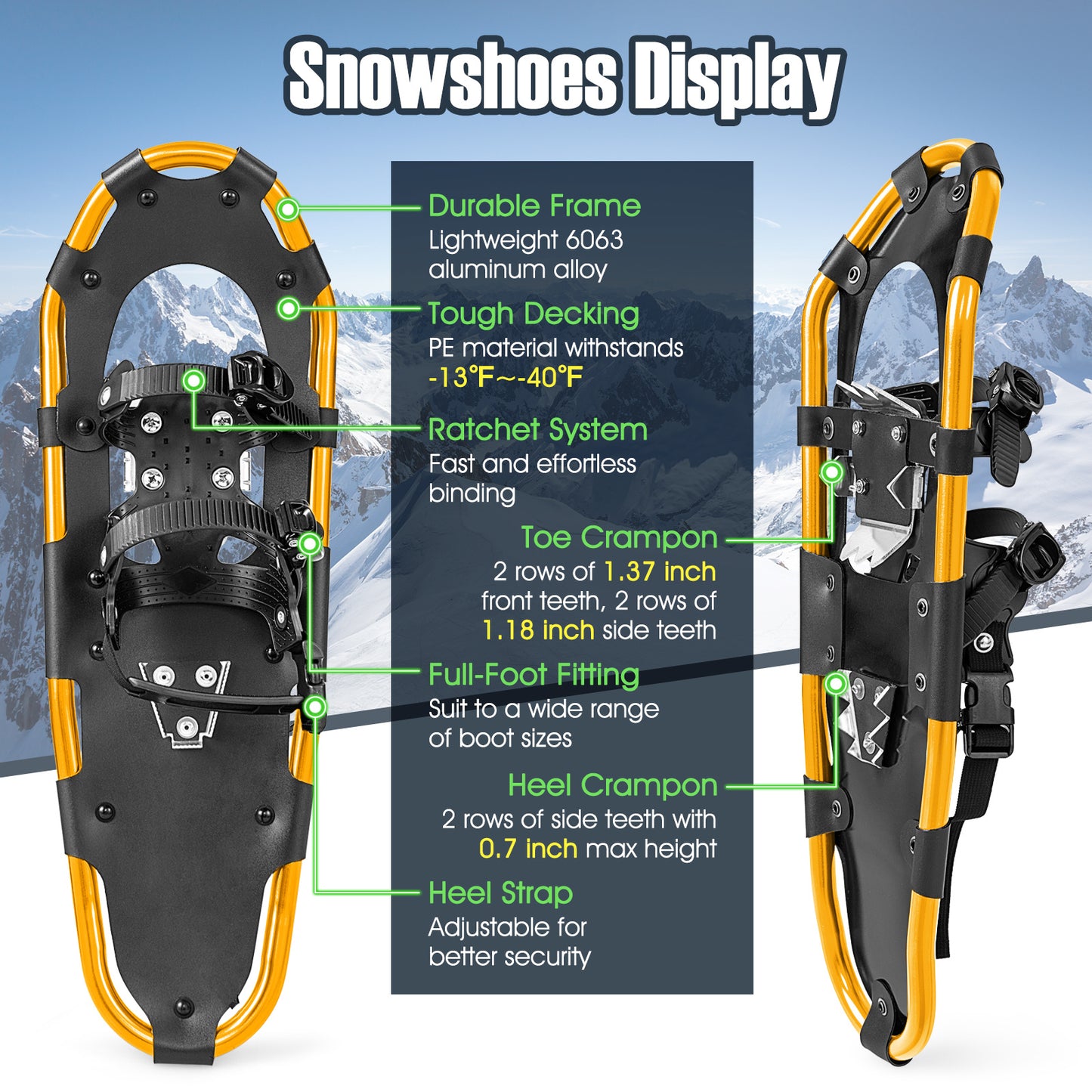 "LIFEZEAL 21""/25""/30"" 4-in-1 Lightweight Terrain Aluminum Snowshoes W/Ski Poles & Carry Bag - For Winter Hiking & Snowshoeing - Suitable for Adults - Ideal Gift for Outdoor Enthusiasts"