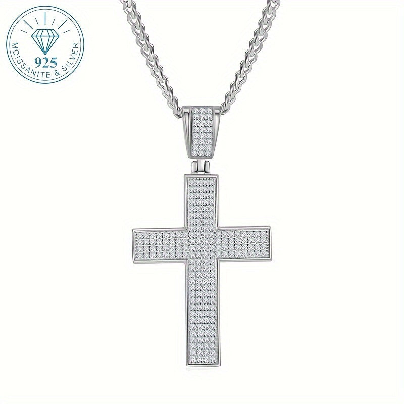 1pc Elegant 925 Sterling Silvery Cross Pendant with 2-Carat Moissanite, Unisex Fashion Jewelry for Engagement, Wedding Anniversary, Gift for Lovers, Friends, Family