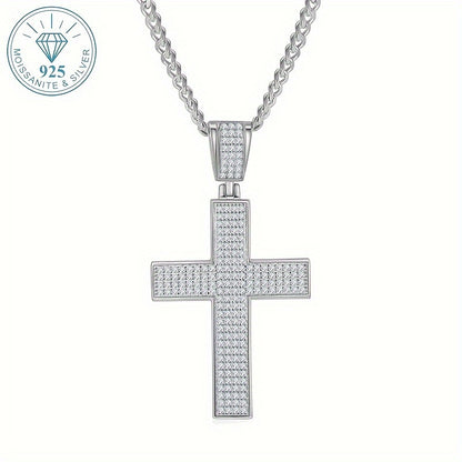 1pc Elegant 925 Sterling Silvery Cross Pendant with 2-Carat Moissanite, Unisex Fashion Jewelry for Engagement, Wedding Anniversary, Gift for Lovers, Friends, Family