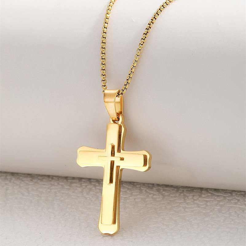 1 Pc-2 Pcs/set Classic Cross Necklace for Men Boy Silvery  Golden Stainless Steel Christ Pendant Necklace  Jewelry gift