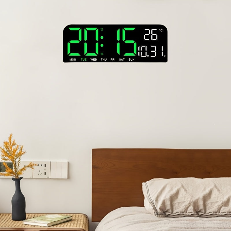 1pc 9 Inch Large Digital Wall Clock with Auto Dimmable 4 Levels Manual Brightness Adjustment, Temperature, Date, Week, Timing Countdown, 2 Alarm, 12/24H LED Display for Home Room Living Room Office Decor (No Battery)